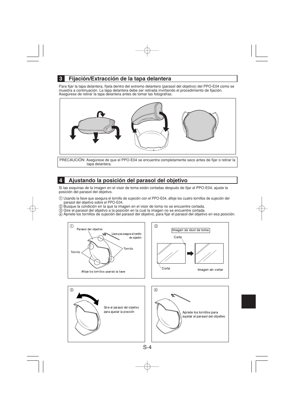 S-4 3 fijación/extracción de la tapa delantera, 4ajustando la posición del parasol del objetivo | Olympus PPO-E04 User Manual | Page 49 / 80