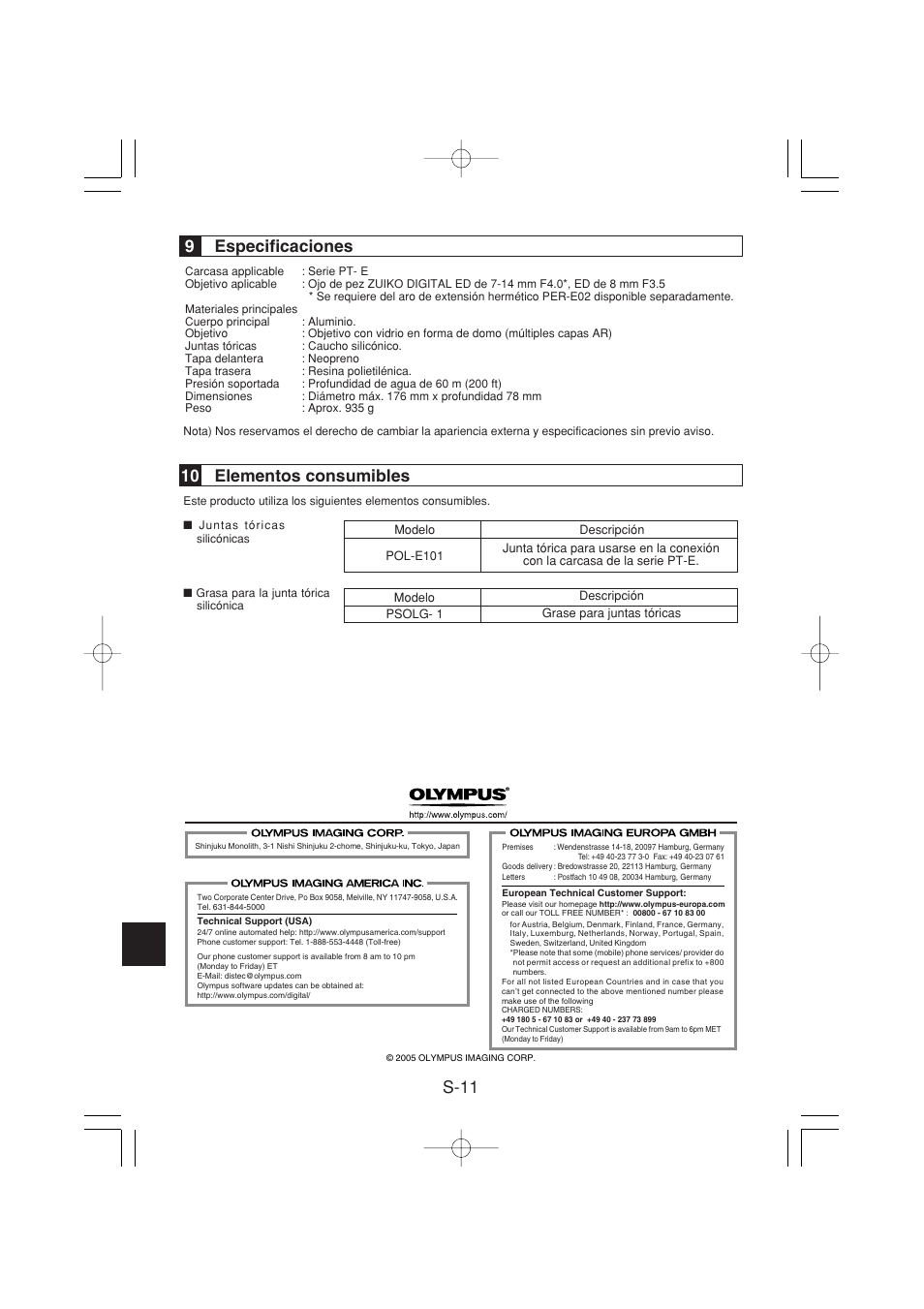 S-11, 9especificaciones, 10 elementos consumibles | Olympus PPO-E04 User Manual | Page 56 / 80