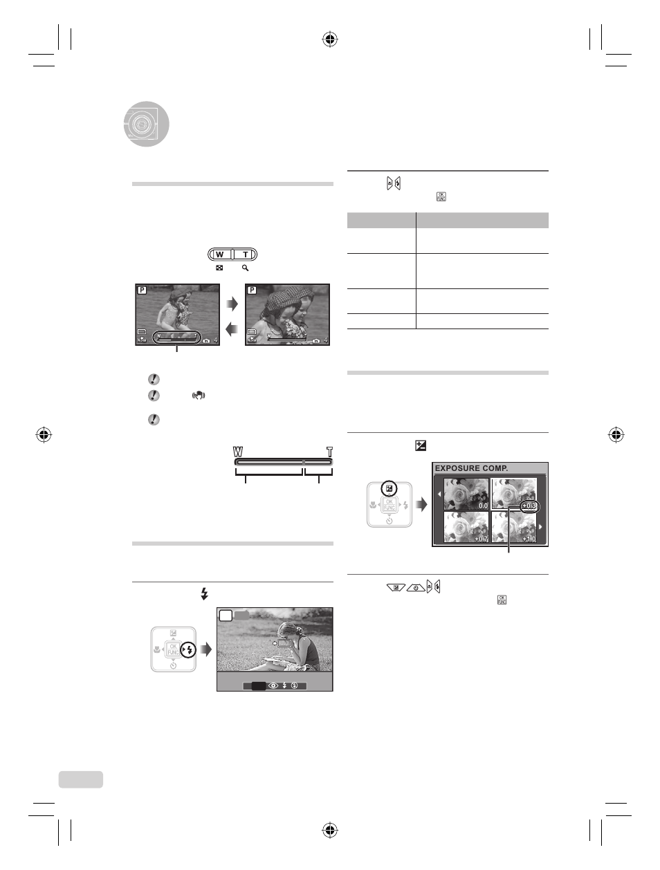 Using shooting functions, Using the zoom, Using the fl ash | Adjusting the brightness( exposure compensation), Adjusting the brightness ( exposure compensation), 12 en, Press the f button, Press the # button | Olympus FE-360 User Manual | Page 12 / 124