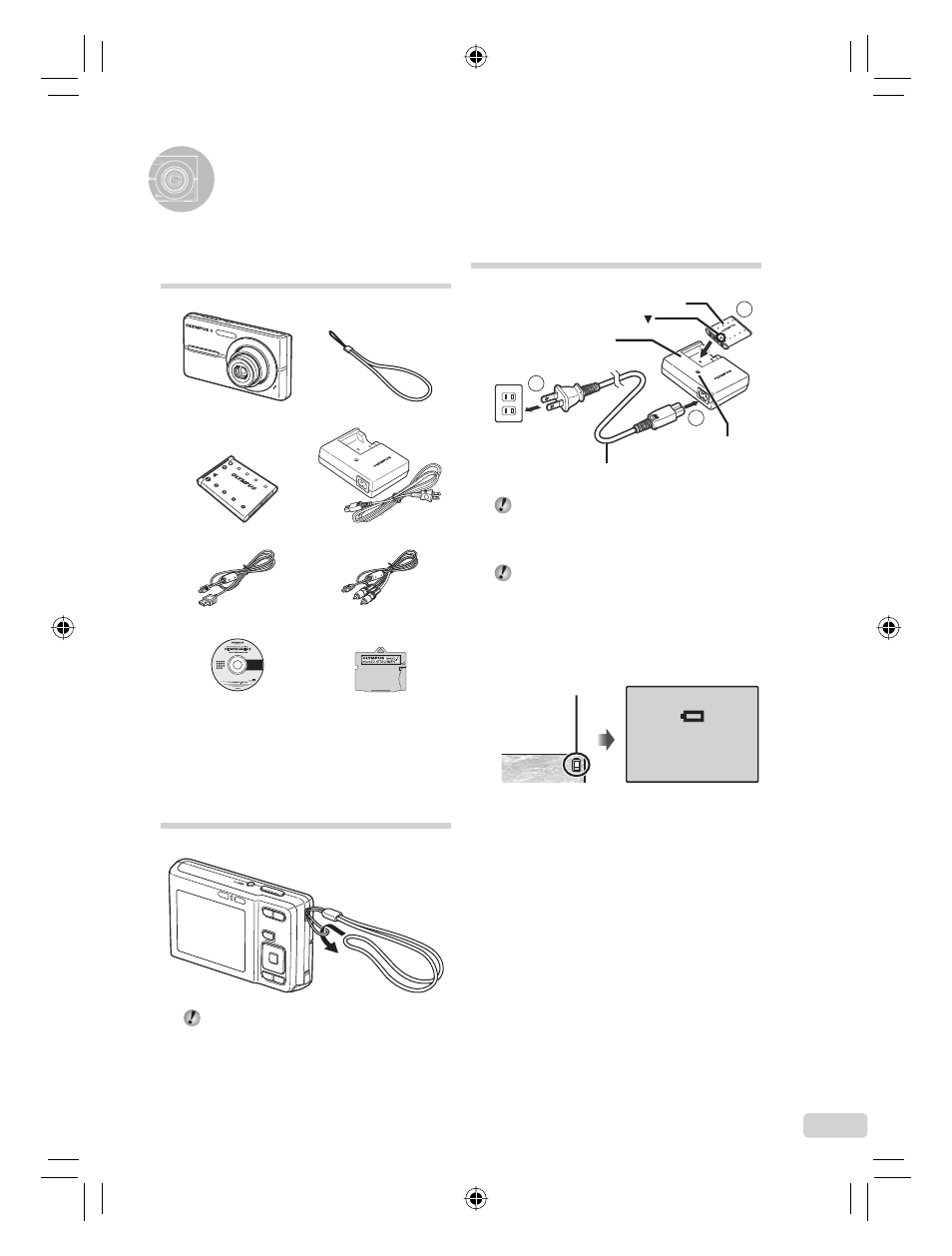 Preparing the camera, Checking the contents of the box, Attaching the camera strap | Charging the battery | Olympus FE-360 User Manual | Page 3 / 124