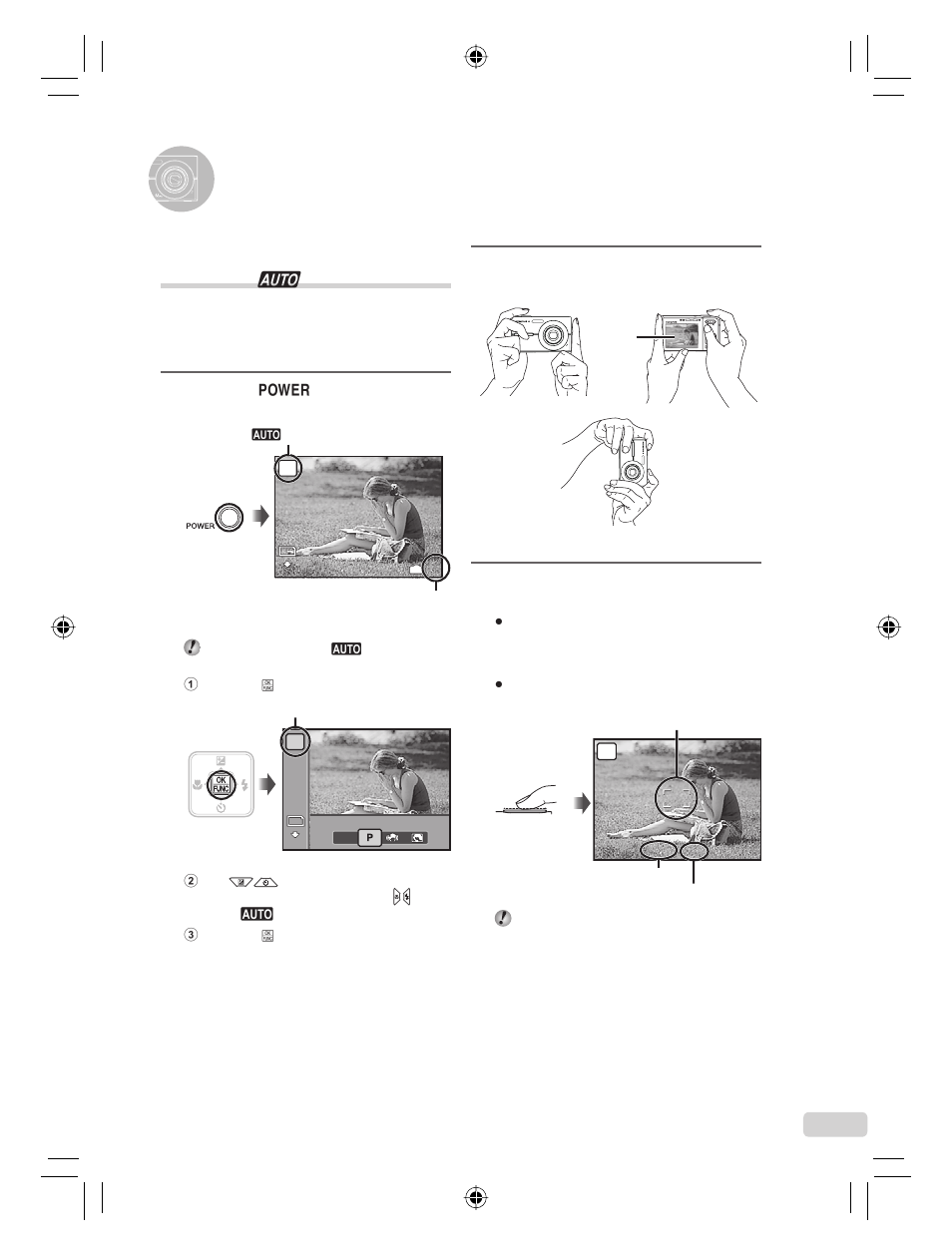 Shooting, playback, and erasing, Shooting with automaticsettings ( auto mode), Shooting with automatic settings ( h mode) | Hold the camera and compose the shot, Press the o button to turn on the camera | Olympus FE-360 User Manual | Page 7 / 124