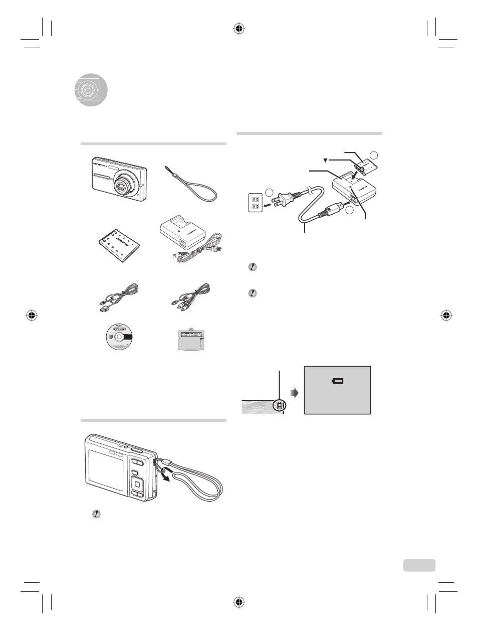 Vorbereiten der kamera, Laden des akkus, Überprüfen des verpackungsinhalts | Anbringen des trageriemens | Olympus FE-360 User Manual | Page 75 / 124