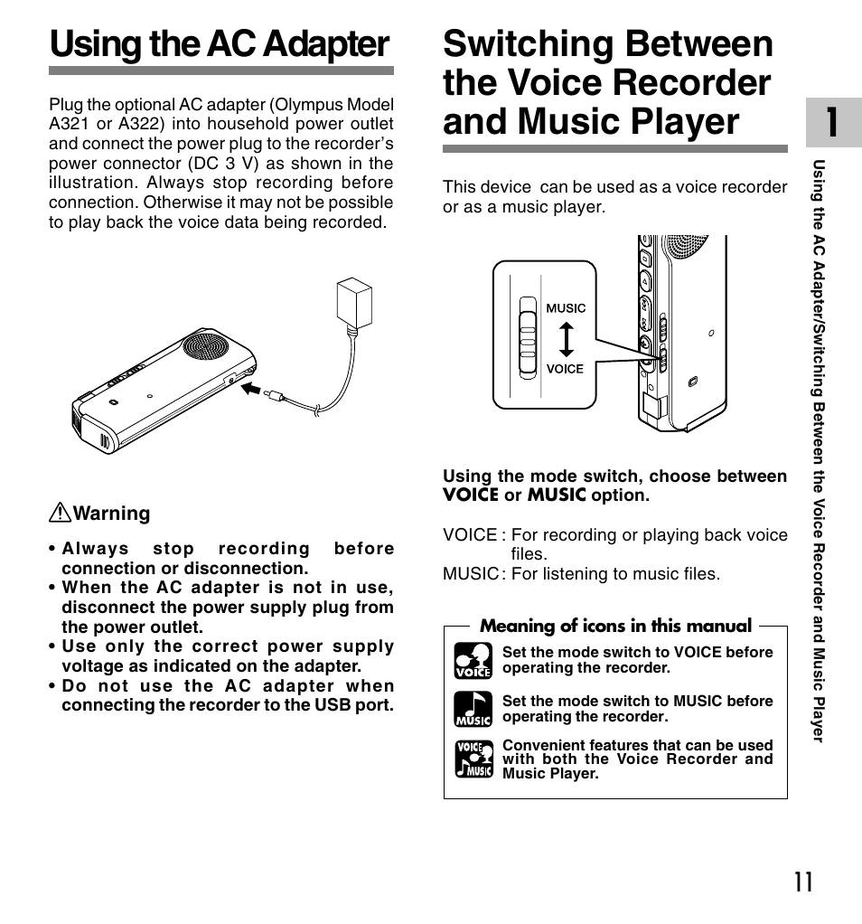 Using the ac adapter | Olympus VOICE & MUSIC DM-10 User Manual | Page 11 / 101