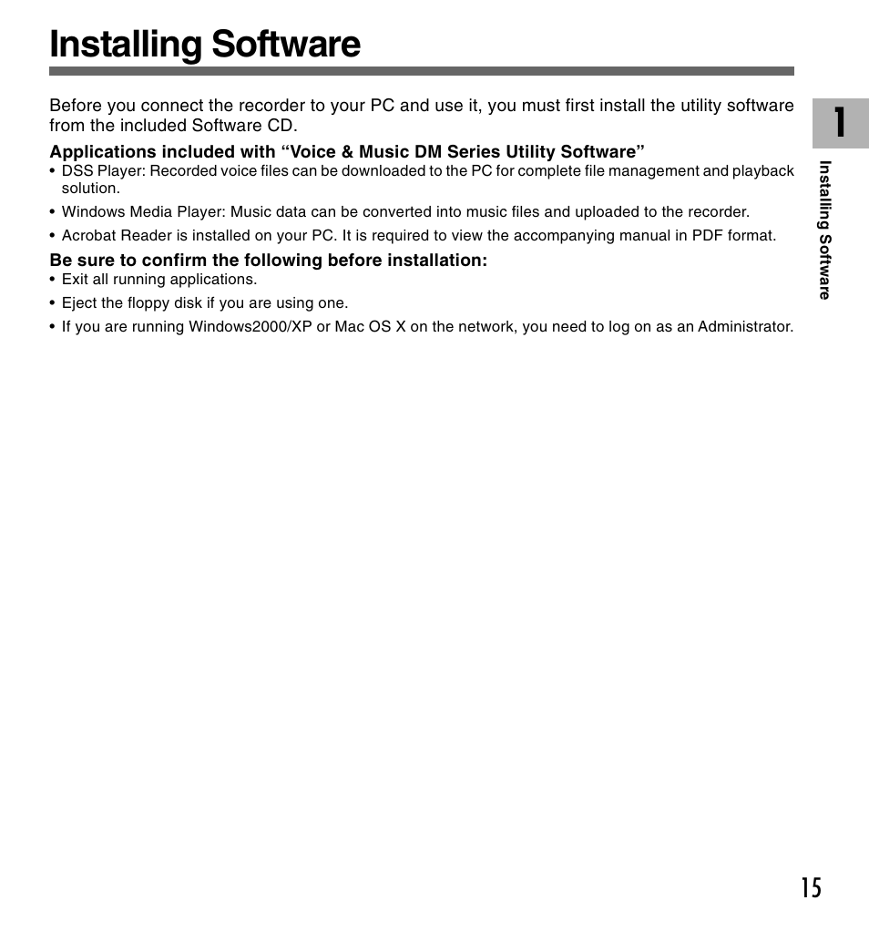 Installing software | Olympus VOICE & MUSIC DM-10 User Manual | Page 15 / 101