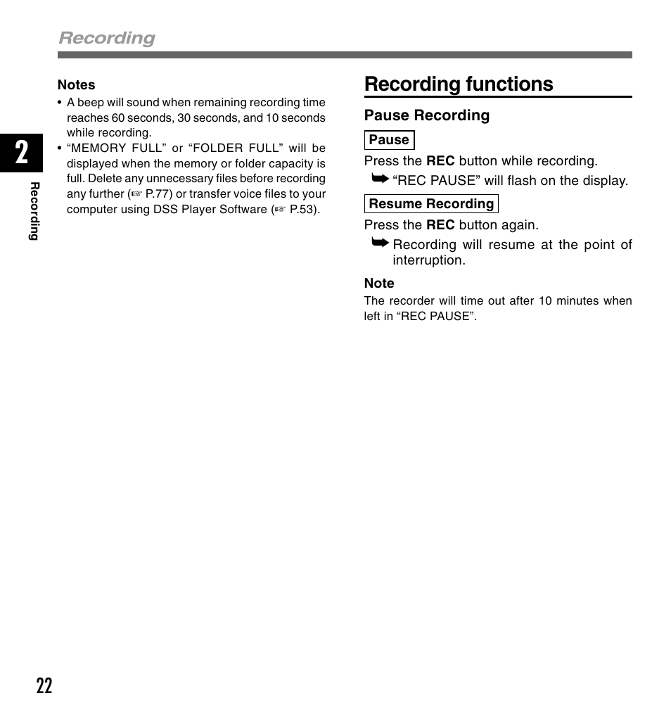 Recording functions | Olympus VOICE & MUSIC DM-10 User Manual | Page 22 / 101