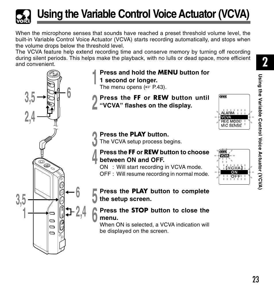 Using the variable control voice actuator (vcva) | Olympus VOICE & MUSIC DM-10 User Manual | Page 23 / 101