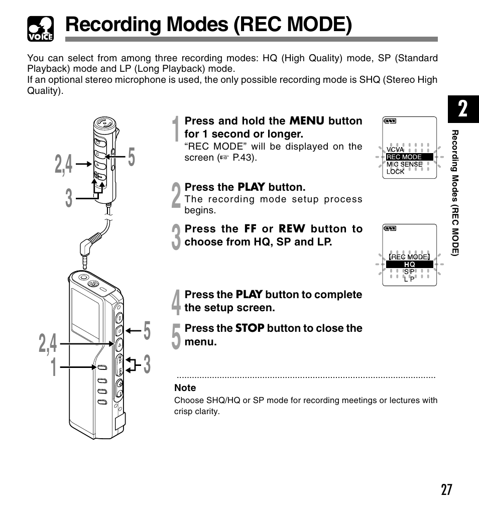 Recording modes (rec mode) | Olympus VOICE & MUSIC DM-10 User Manual | Page 27 / 101