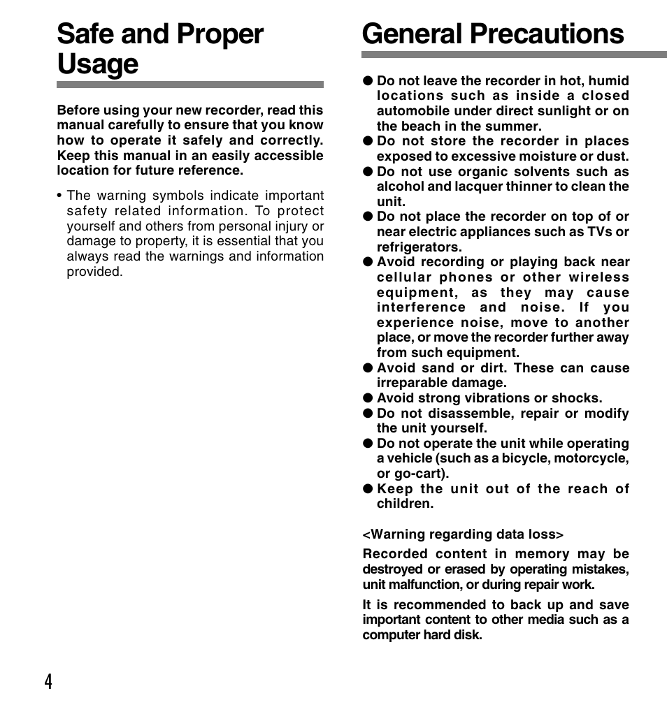 Safe and proper usage, General precautions | Olympus VOICE & MUSIC DM-10 User Manual | Page 4 / 101