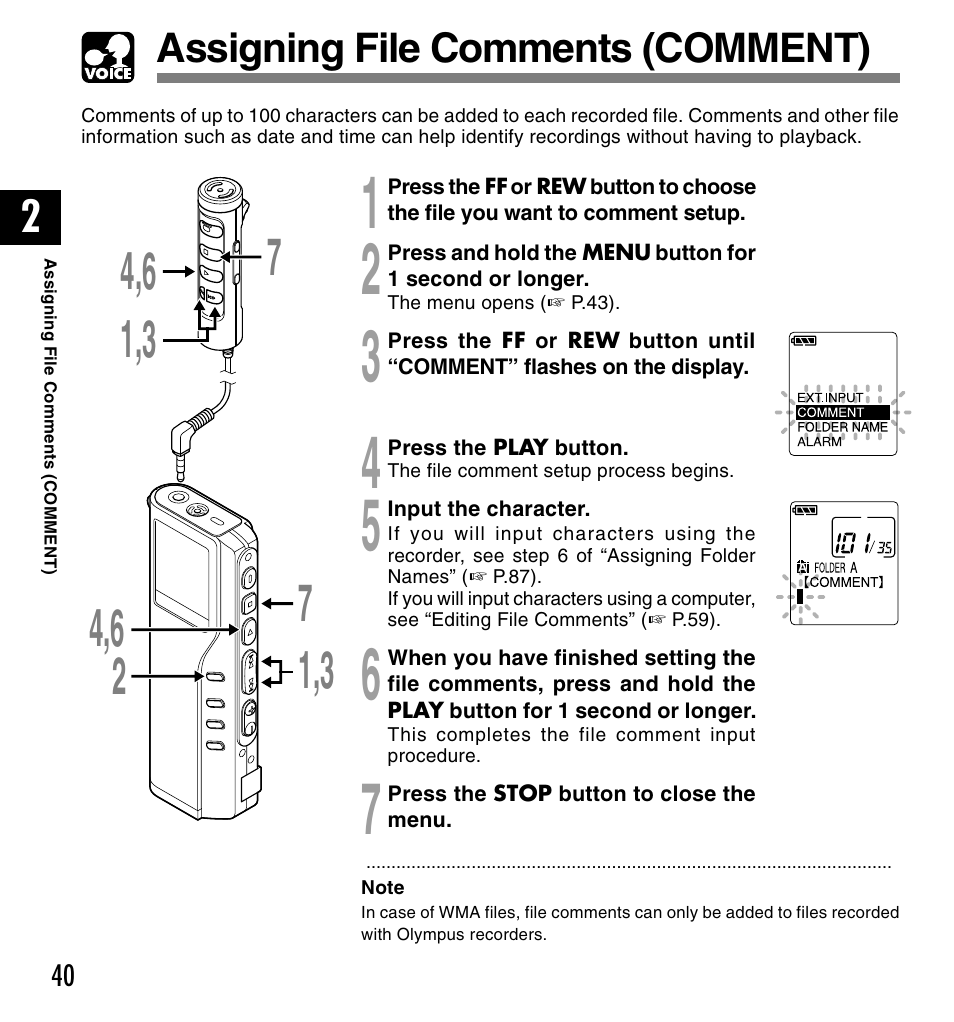 Assigning file comments (comment) | Olympus VOICE & MUSIC DM-10 User Manual | Page 40 / 101