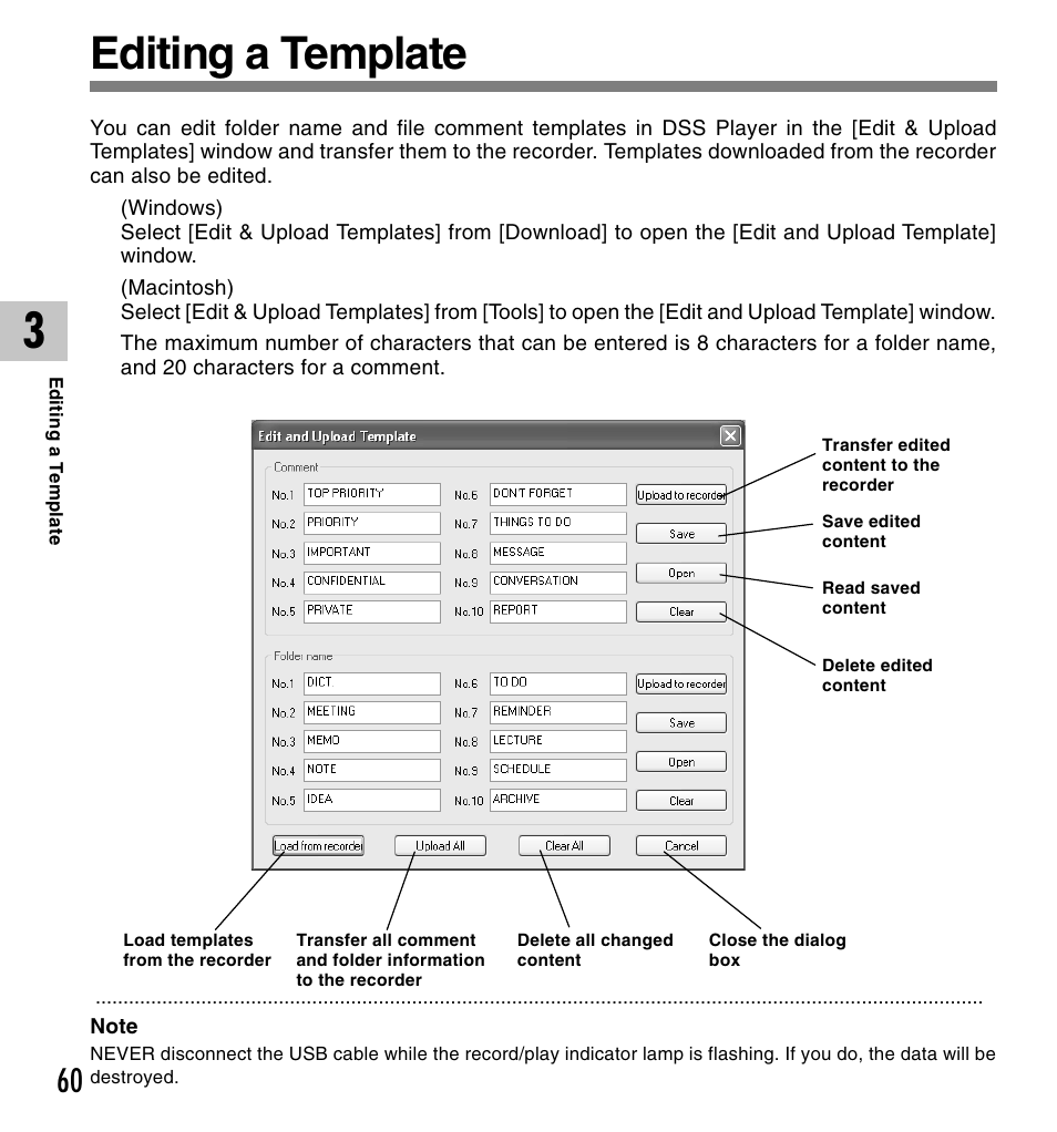Editing a template | Olympus VOICE & MUSIC DM-10 User Manual | Page 60 / 101