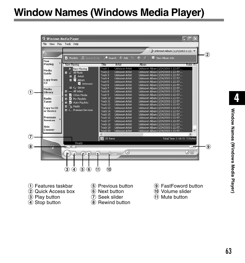 Window names (windows media player) | Olympus VOICE & MUSIC DM-10 User Manual | Page 63 / 101