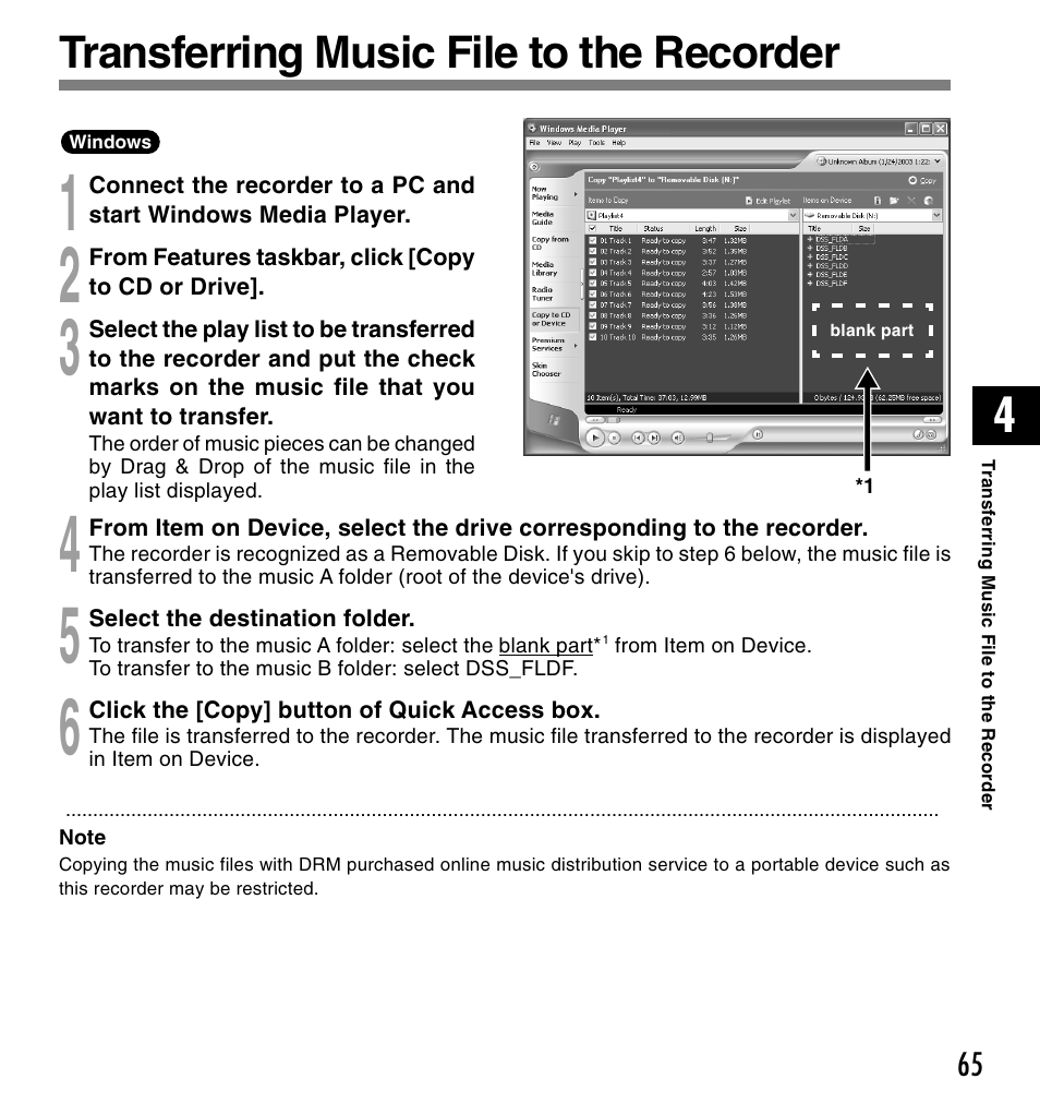 Transferring music file to the recorder | Olympus VOICE & MUSIC DM-10 User Manual | Page 65 / 101