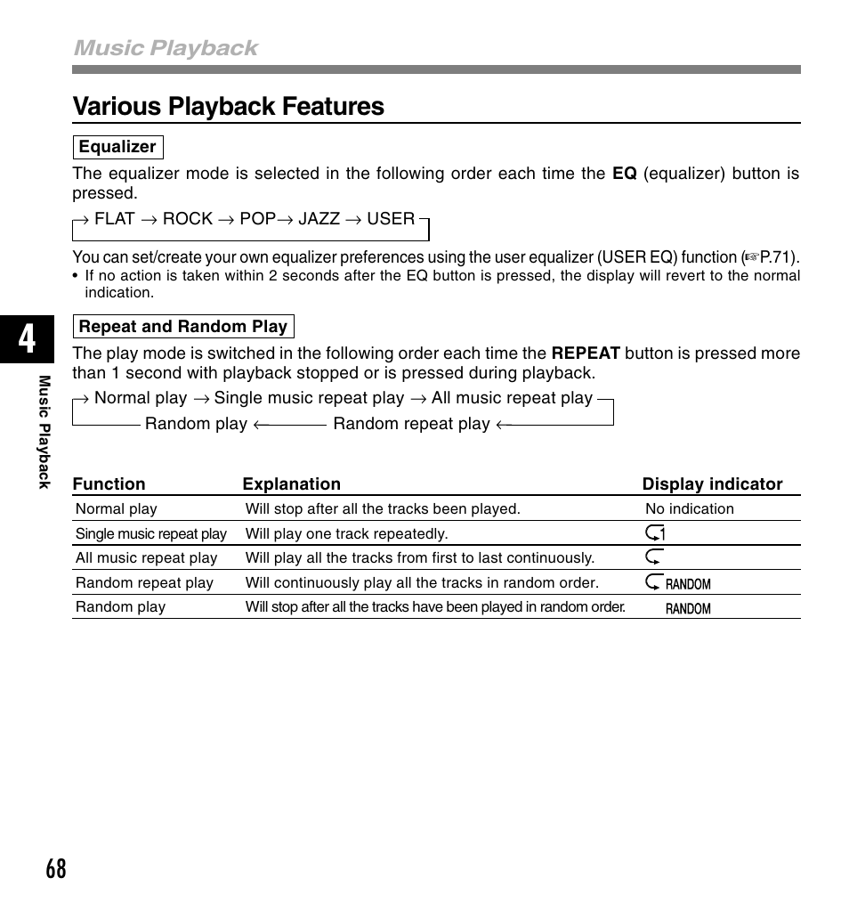 Various playback features, Music playback | Olympus VOICE & MUSIC DM-10 User Manual | Page 68 / 101