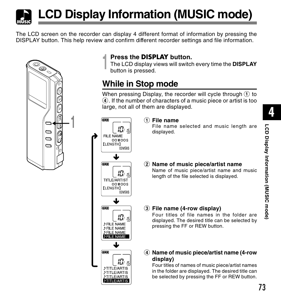 Lcd display information (music mode), While in stop mode | Olympus VOICE & MUSIC DM-10 User Manual | Page 73 / 101