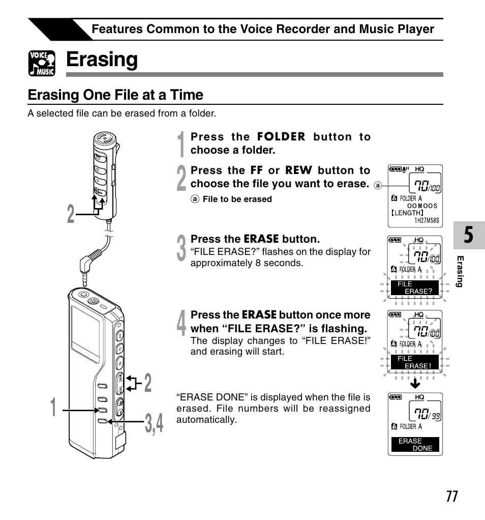 Erasing | Olympus VOICE & MUSIC DM-10 User Manual | Page 77 / 101