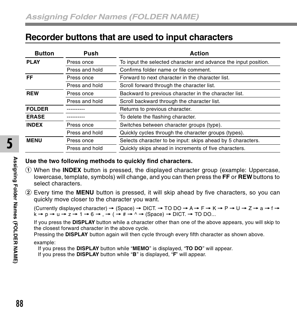 Recorder buttons that are used to input characters, Assigning folder names (folder name) | Olympus VOICE & MUSIC DM-10 User Manual | Page 88 / 101
