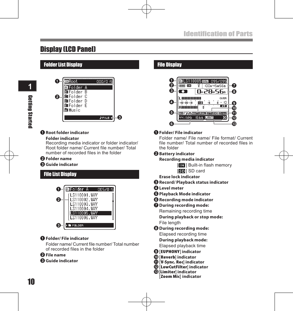 Display (lcd panel), Identification of parts | Olympus LS-11 User Manual | Page 10 / 86