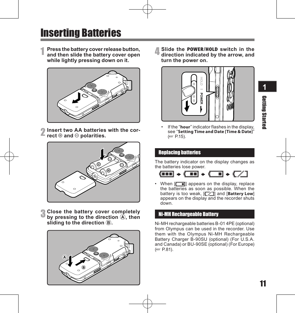 Inserting batteries | Olympus LS-11 User Manual | Page 11 / 86