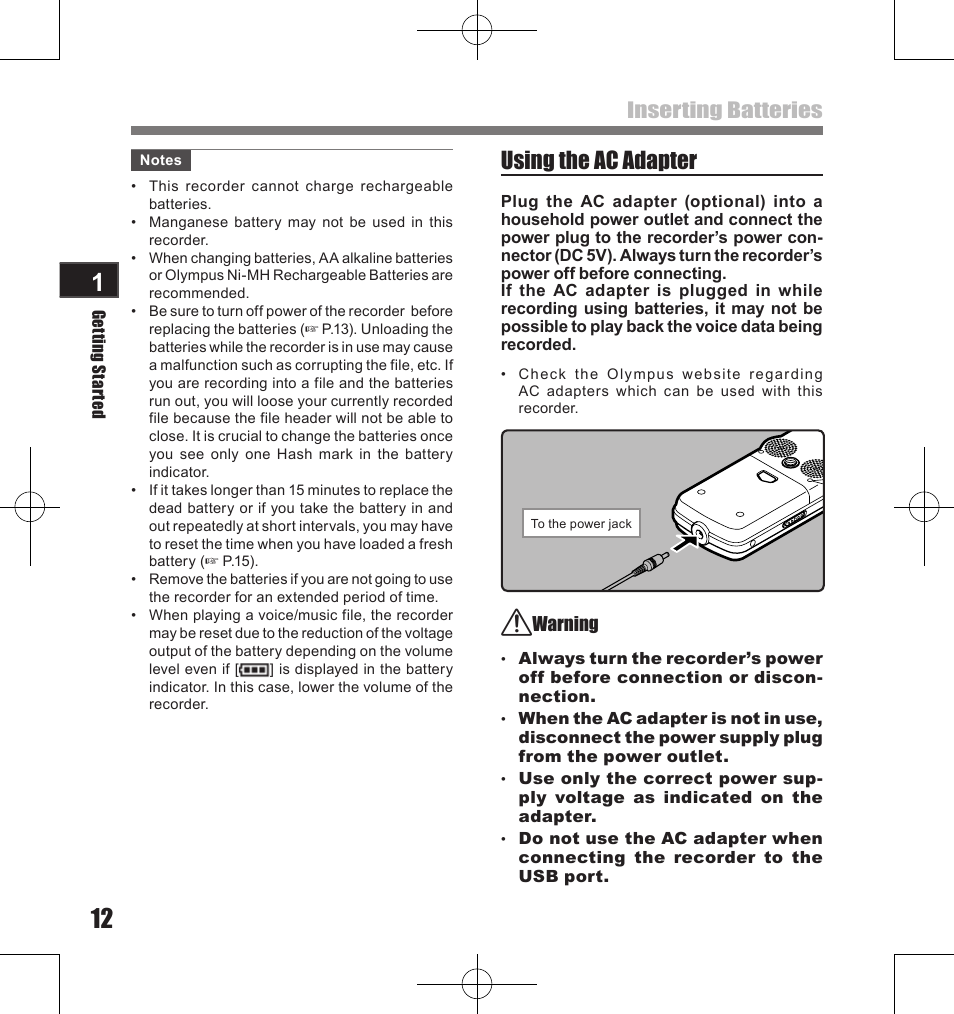 Using the ac adapter, Inserting batteries | Olympus LS-11 User Manual | Page 12 / 86