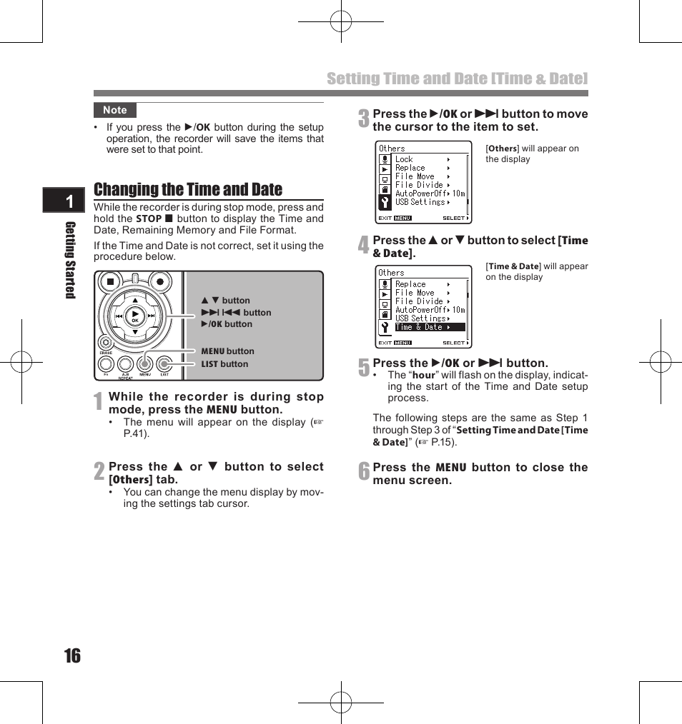 Changing the time and date, Setting time and date [time & date | Olympus LS-11 User Manual | Page 16 / 86