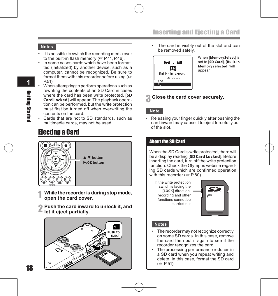 Ejecting a card, Inserting and ejecting a card | Olympus LS-11 User Manual | Page 18 / 86