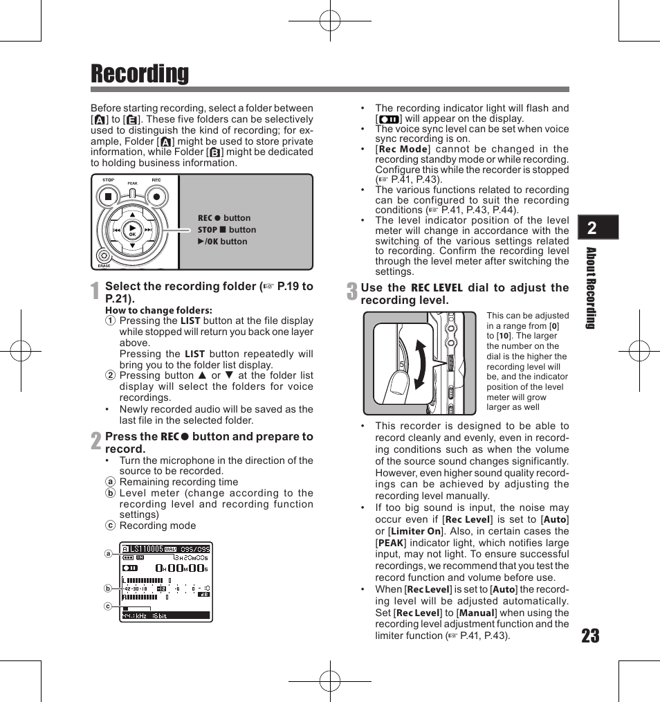 Recording | Olympus LS-11 User Manual | Page 23 / 86