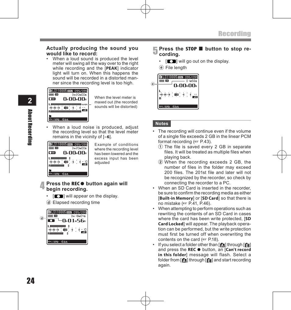 Recording | Olympus LS-11 User Manual | Page 24 / 86