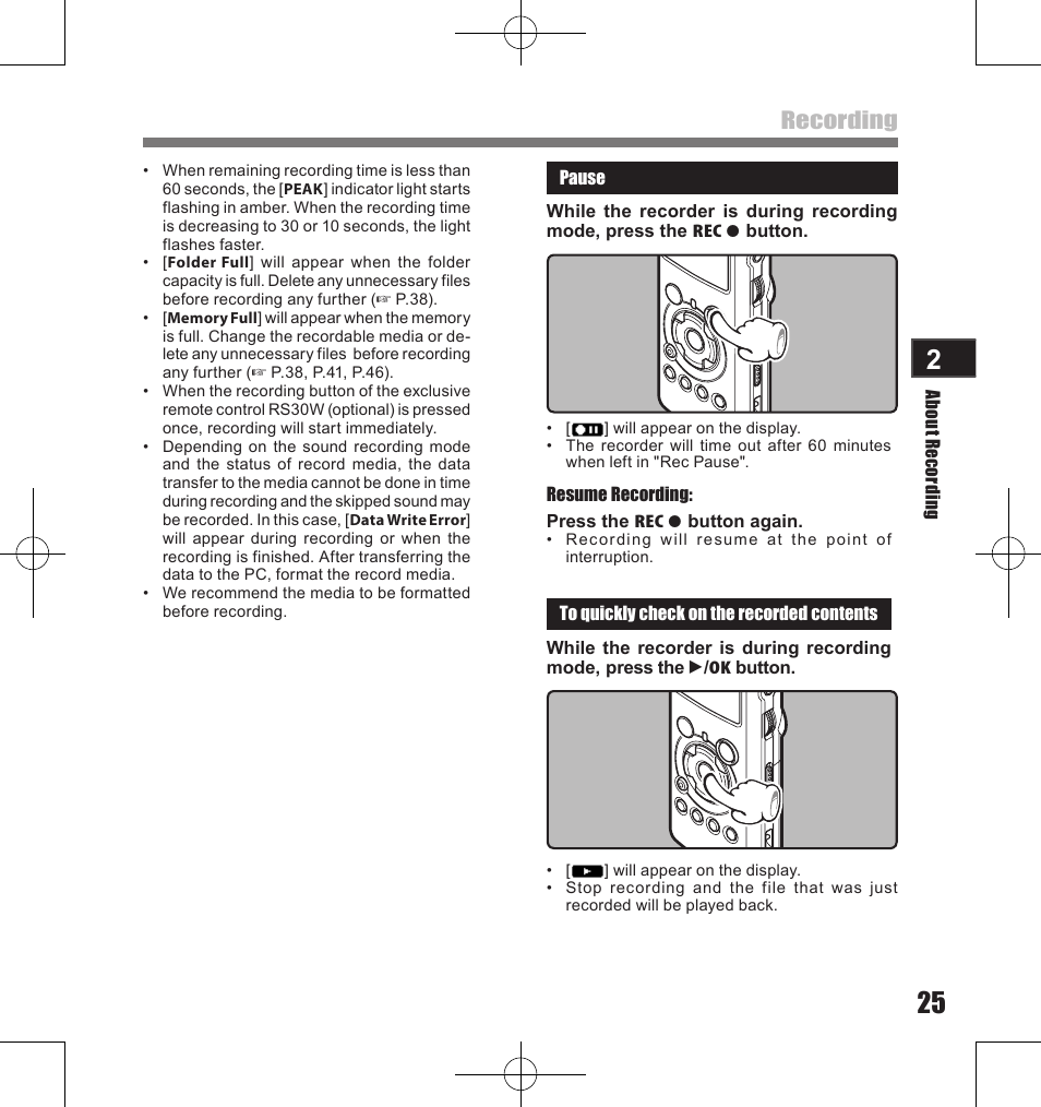 Recording | Olympus LS-11 User Manual | Page 25 / 86
