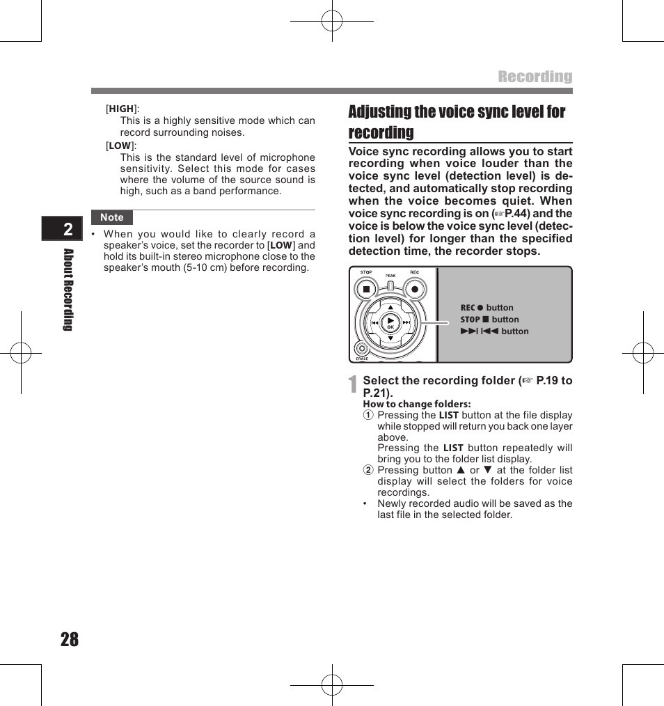 Adjusting the voice sync level for recording, Recording | Olympus LS-11 User Manual | Page 28 / 86