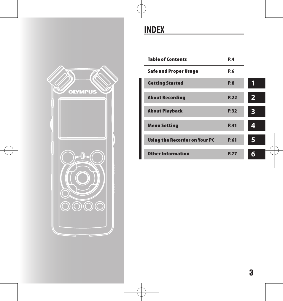 Index | Olympus LS-11 User Manual | Page 3 / 86