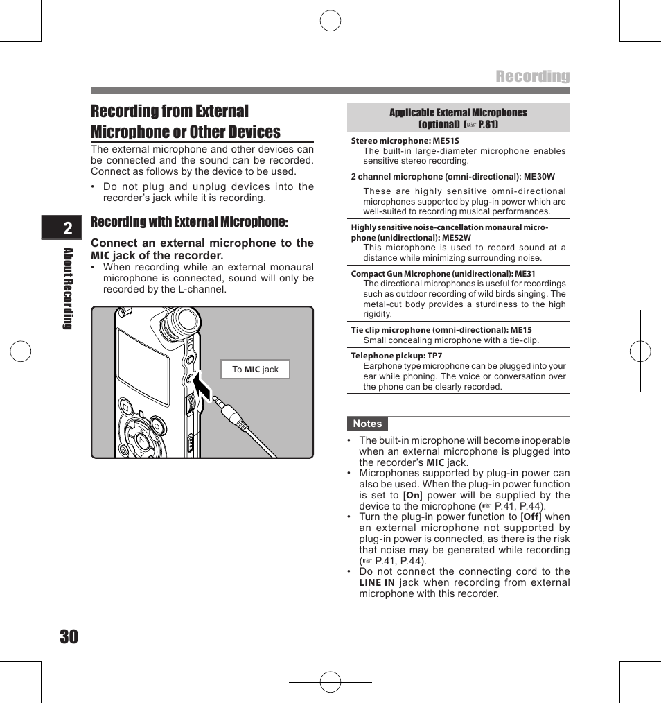 Recording, Recording with external microphone | Olympus LS-11 User Manual | Page 30 / 86