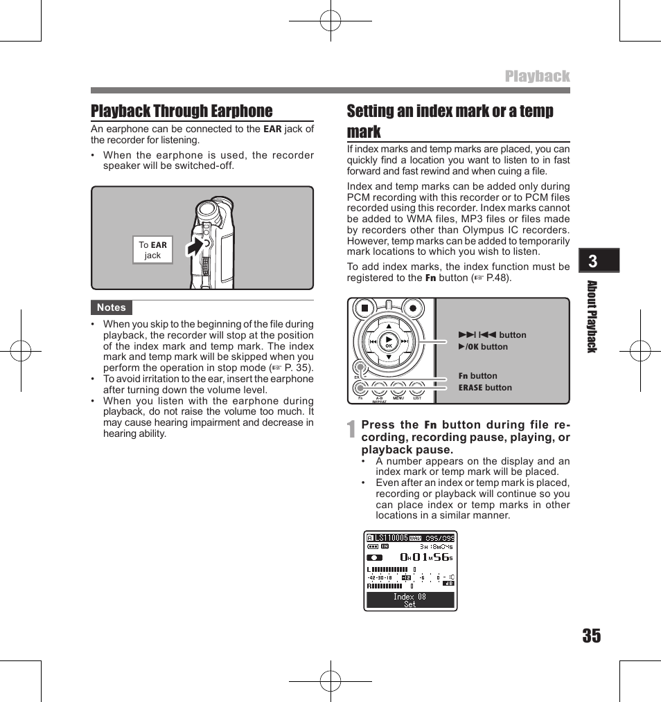 Playback through earphone, Setting an index mark or a temp mark, Playback | Olympus LS-11 User Manual | Page 35 / 86