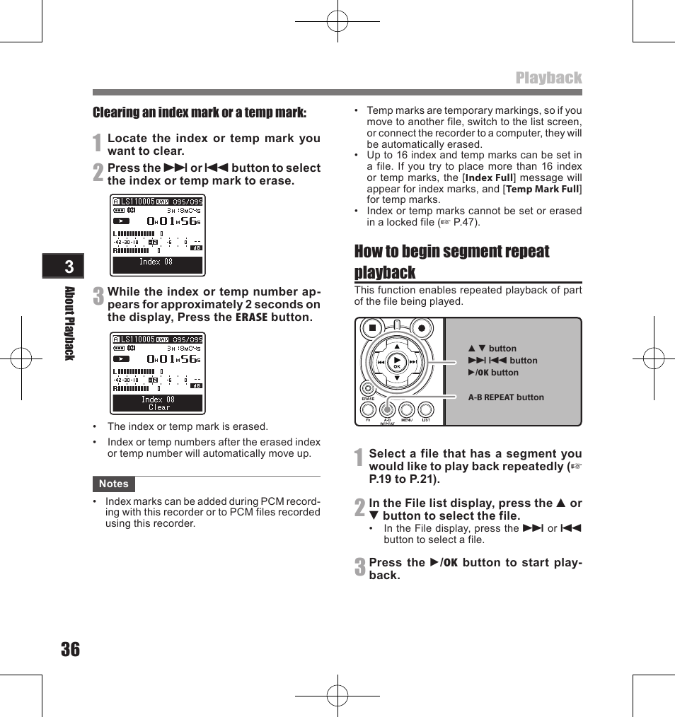 How to begin segment repeat playback, Playback | Olympus LS-11 User Manual | Page 36 / 86