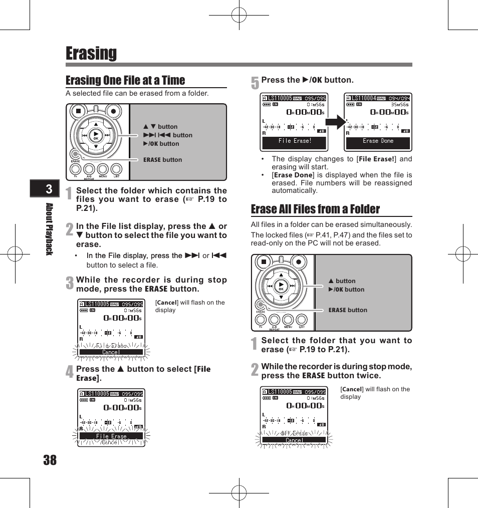 Erasing, Erasing one file at a time, Erase all files from a folder | Olympus LS-11 User Manual | Page 38 / 86