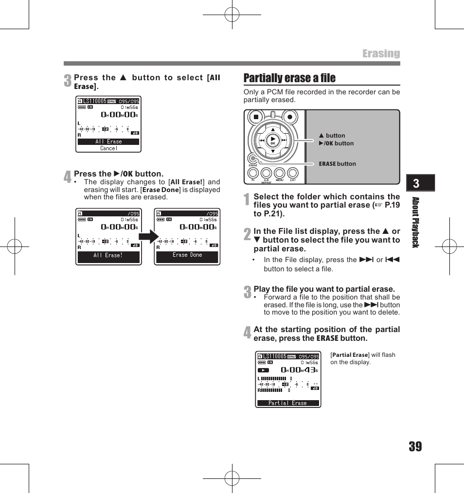 Partially erase a file | Olympus LS-11 User Manual | Page 39 / 86
