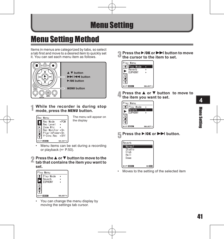 Menu setting method, Menu setting | Olympus LS-11 User Manual | Page 41 / 86