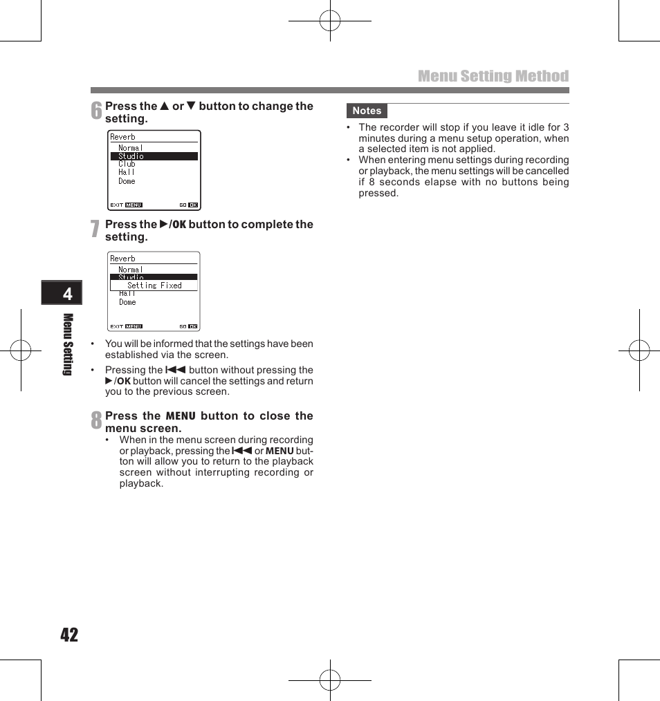 Menu setting method | Olympus LS-11 User Manual | Page 42 / 86