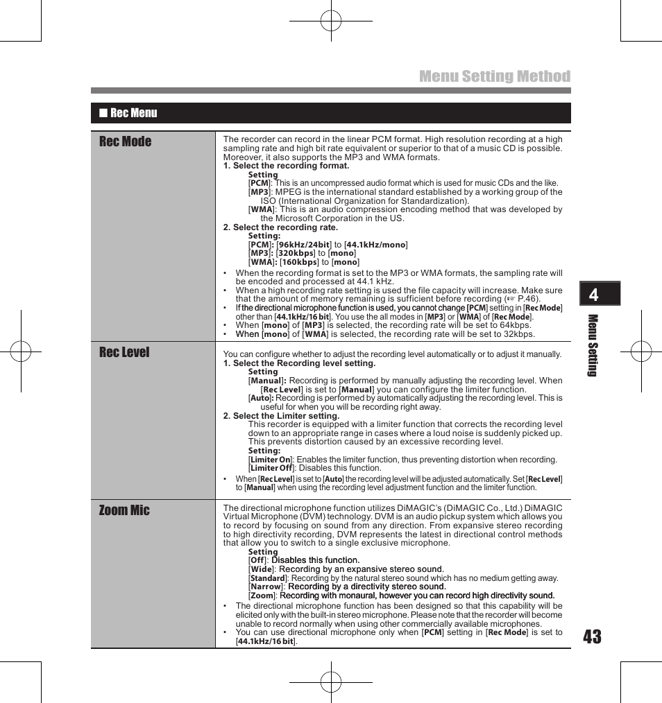Menu setting method, Rec mode, Rec level | Zoom mic | Olympus LS-11 User Manual | Page 43 / 86