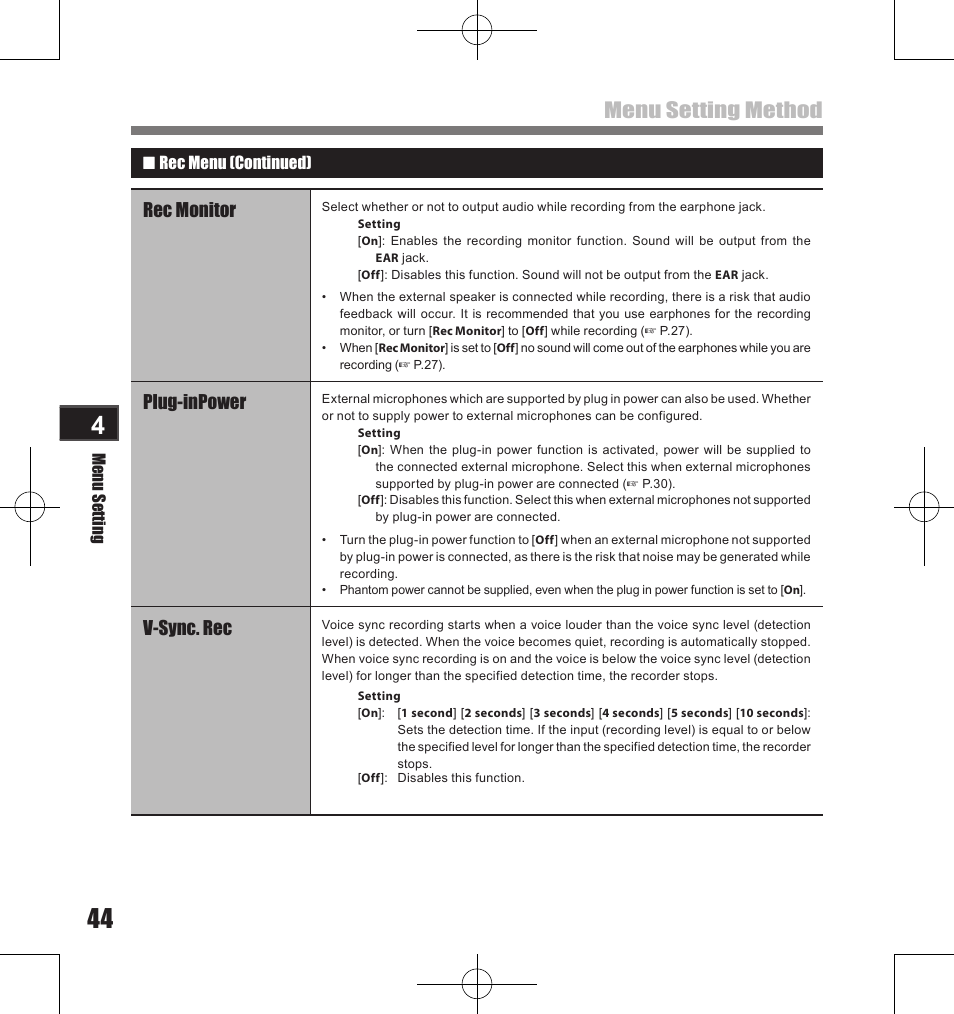 Menu setting method, Rec monitor, Plug-inpower | V-sync. rec | Olympus LS-11 User Manual | Page 44 / 86