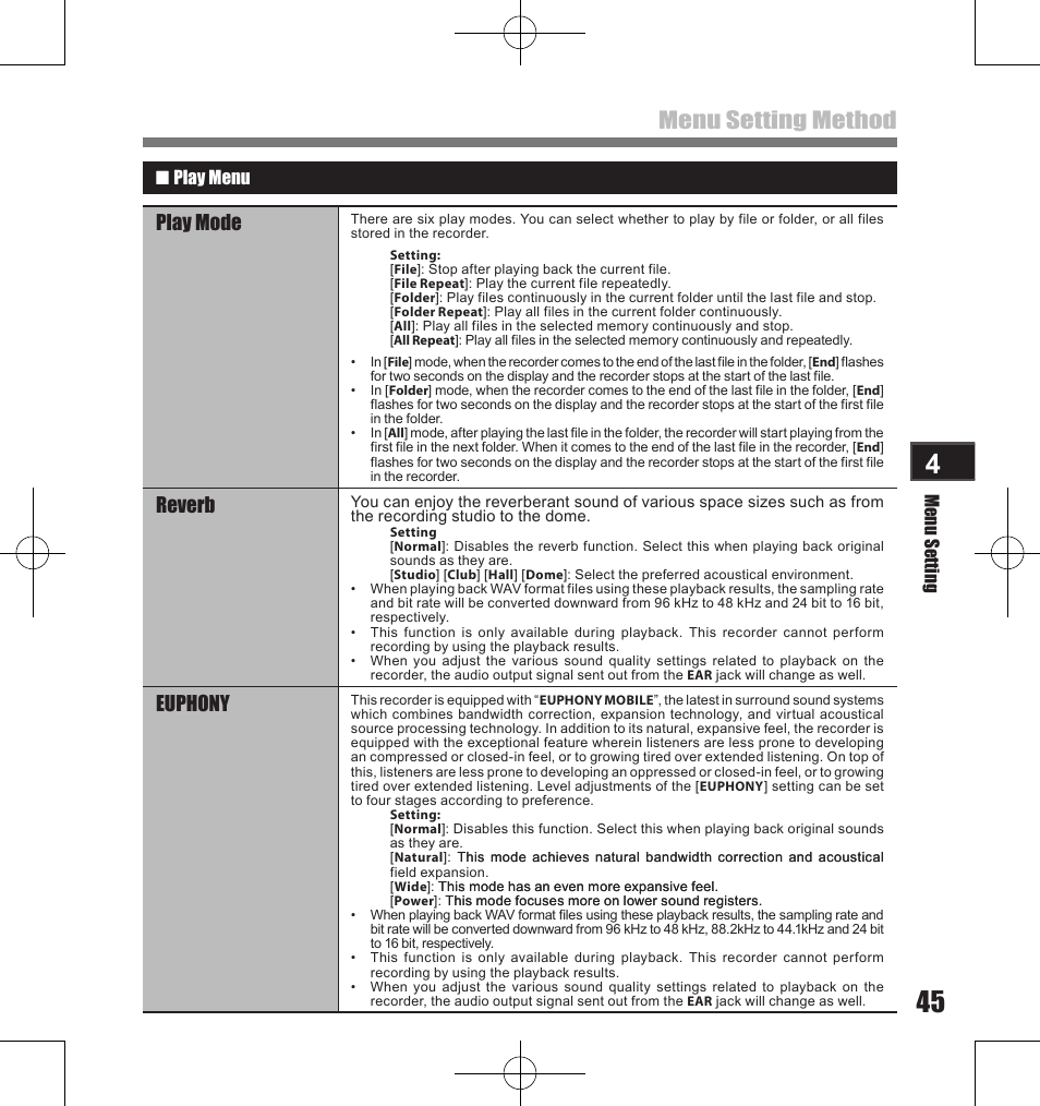 Menu setting method, Play mode, Reverb | Euphony | Olympus LS-11 User Manual | Page 45 / 86