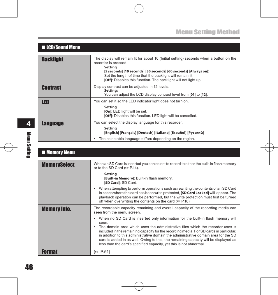 Menu setting method, Backlight, Contrast | Language, Format | Olympus LS-11 User Manual | Page 46 / 86