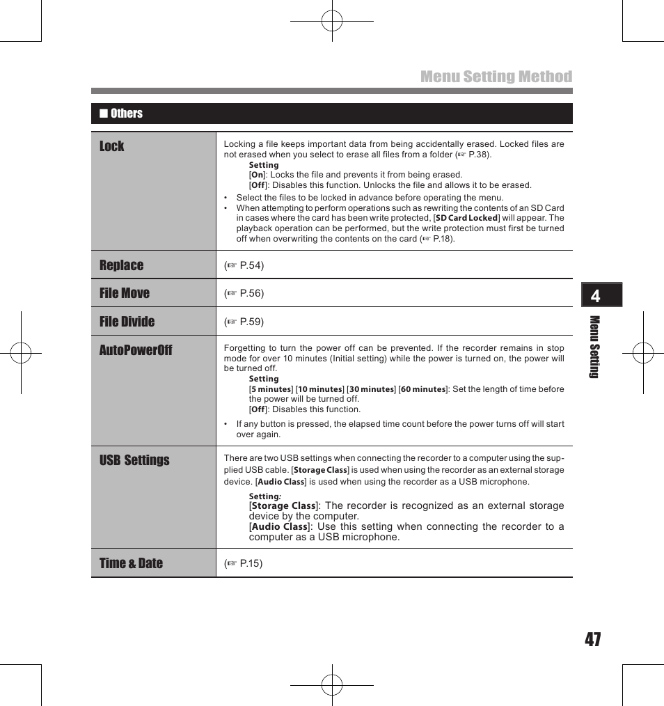 Menu setting method, Lock, Replace | File move, File divide, Autopoweroff, Usb settings, Time & date | Olympus LS-11 User Manual | Page 47 / 86