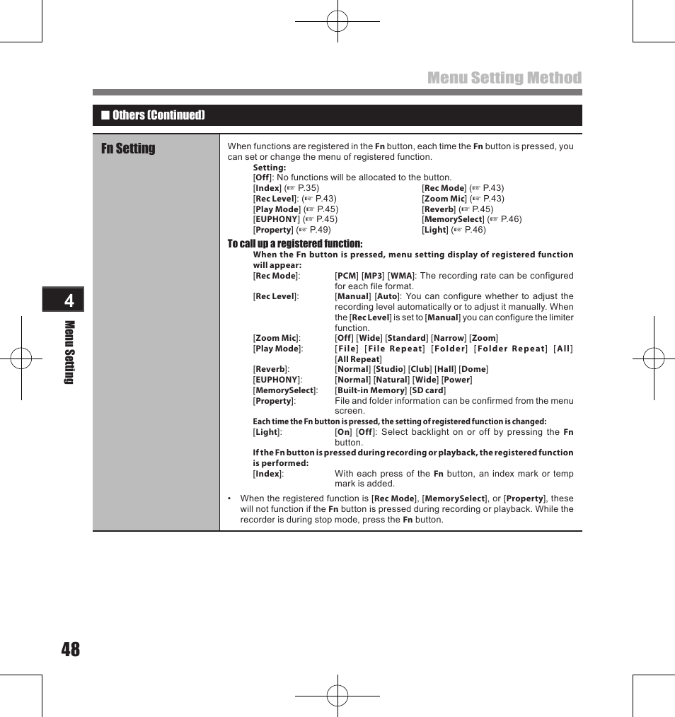 Menu setting method, Fn setting | Olympus LS-11 User Manual | Page 48 / 86