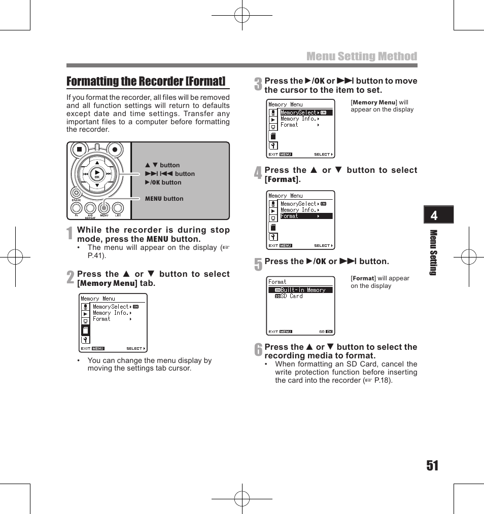 Formatting the recorder [format, Menu setting method | Olympus LS-11 User Manual | Page 51 / 86