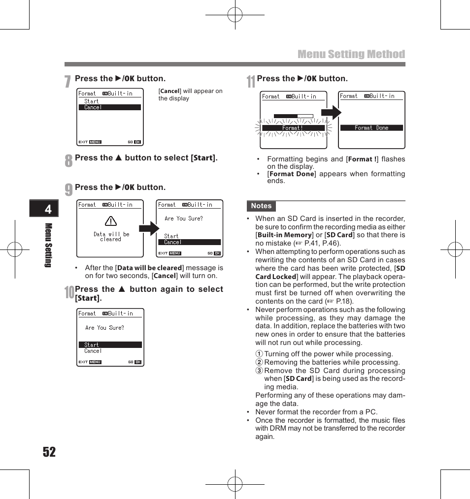 Menu setting method | Olympus LS-11 User Manual | Page 52 / 86