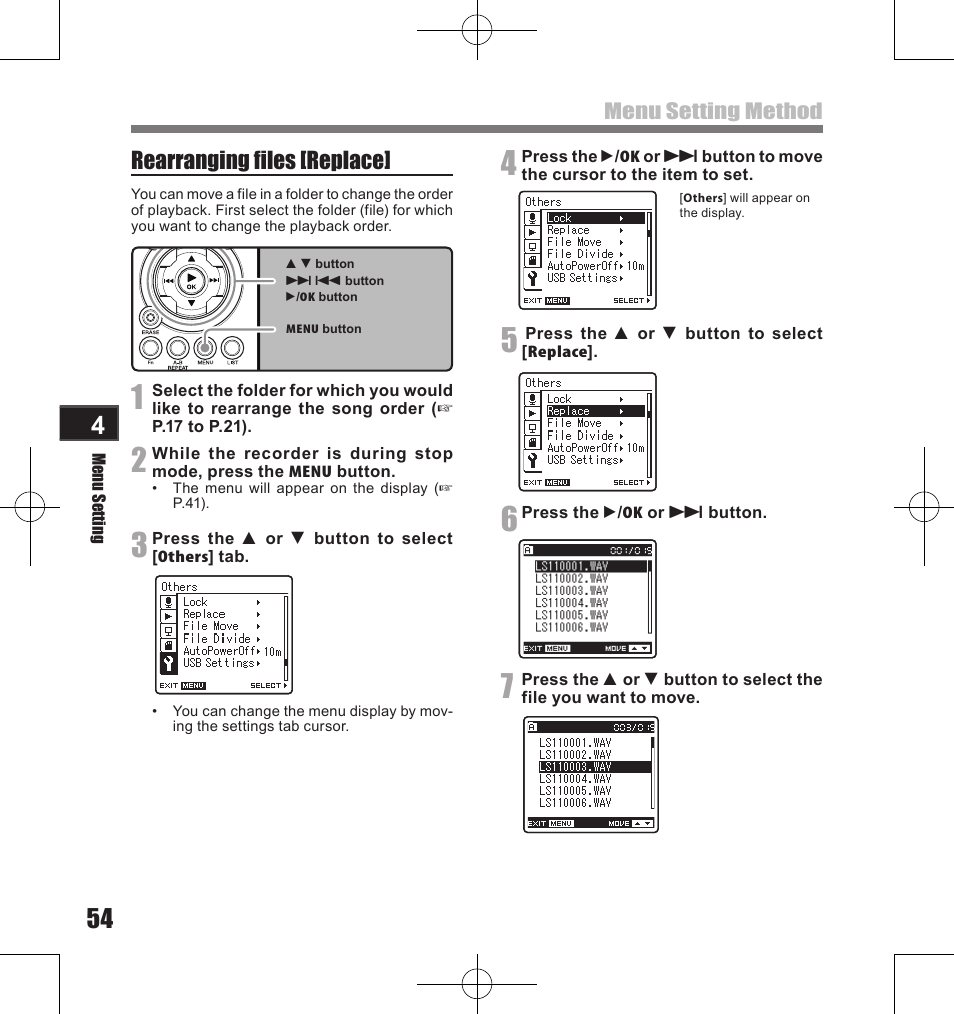 Rearranging files [replace | Olympus LS-11 User Manual | Page 54 / 86