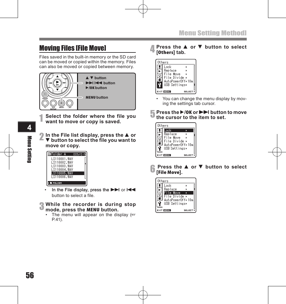 Moving files [file move, Menu setting method | Olympus LS-11 User Manual | Page 56 / 86