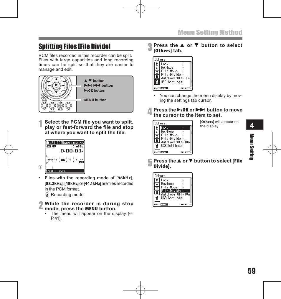Splitting files [file divide, Menu setting method | Olympus LS-11 User Manual | Page 59 / 86