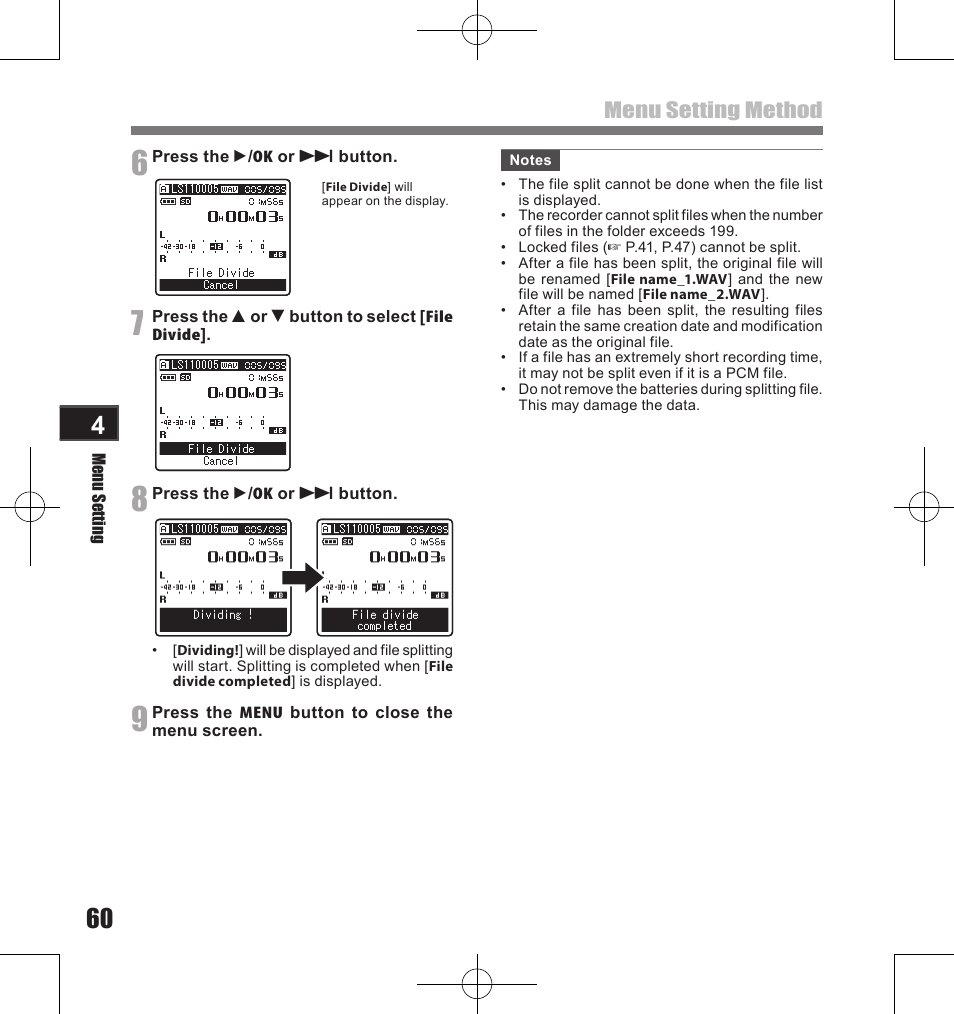 Menu setting method | Olympus LS-11 User Manual | Page 60 / 86