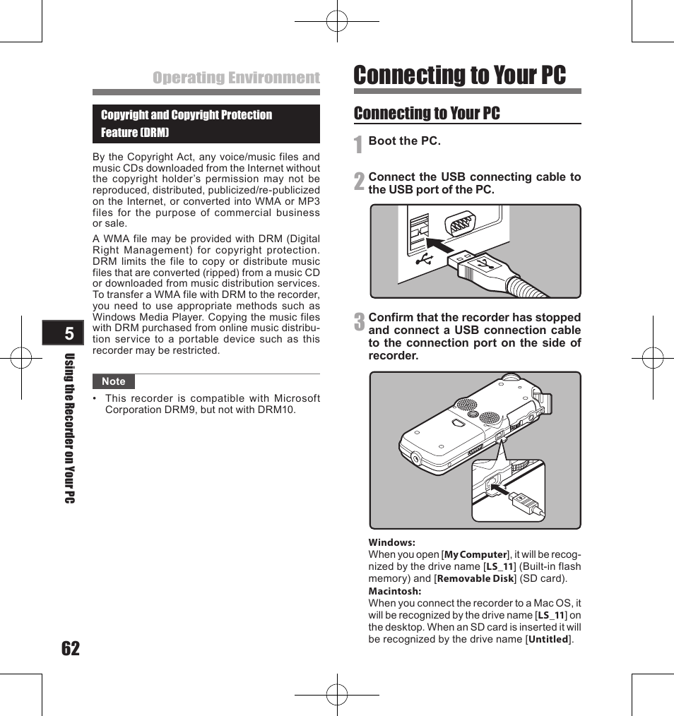 Connecting to your pc, Operating environment | Olympus LS-11 User Manual | Page 62 / 86